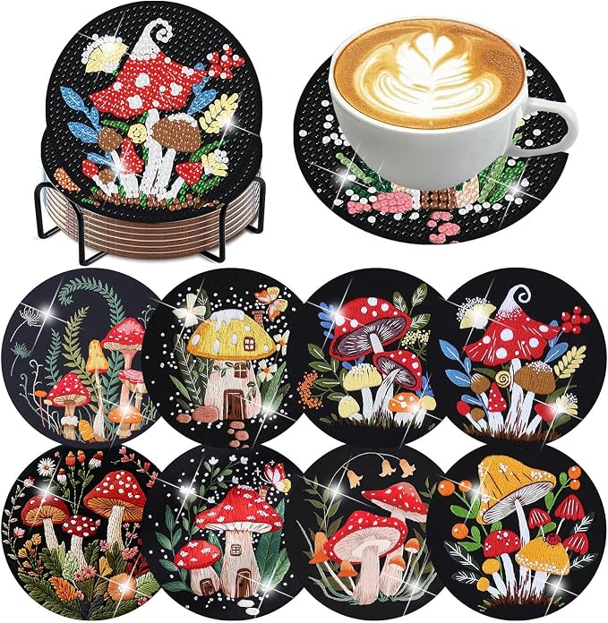8 PCS Mushrooms Diamond Art Coasters Kits Cute Diamond Painting Coaster |