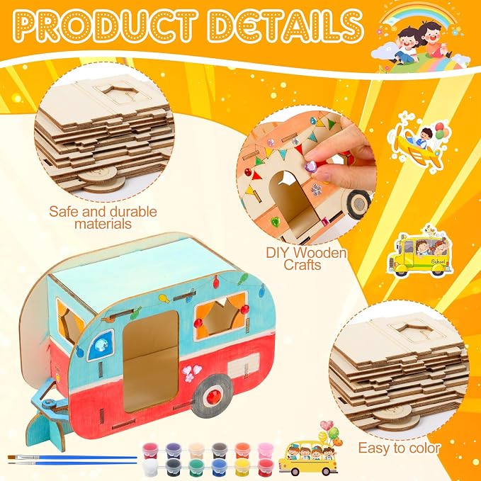 DoubleFill 12 Pack Camping Craft Kits DIY Unfinished Wooden Camper Craft Bulk