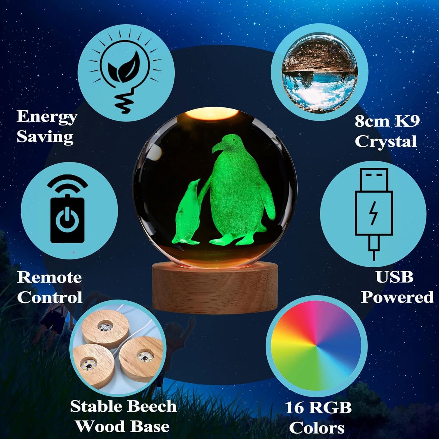 Penguin Night Light, Penguin Gifts, K9 3.15 Inch (80mm) Crystal Ball Night Light with 16 Colors Remote Upgraded Lamp for Birthday Xmas Cool Animal Figurines Gifts for Room Decor Boys Girls