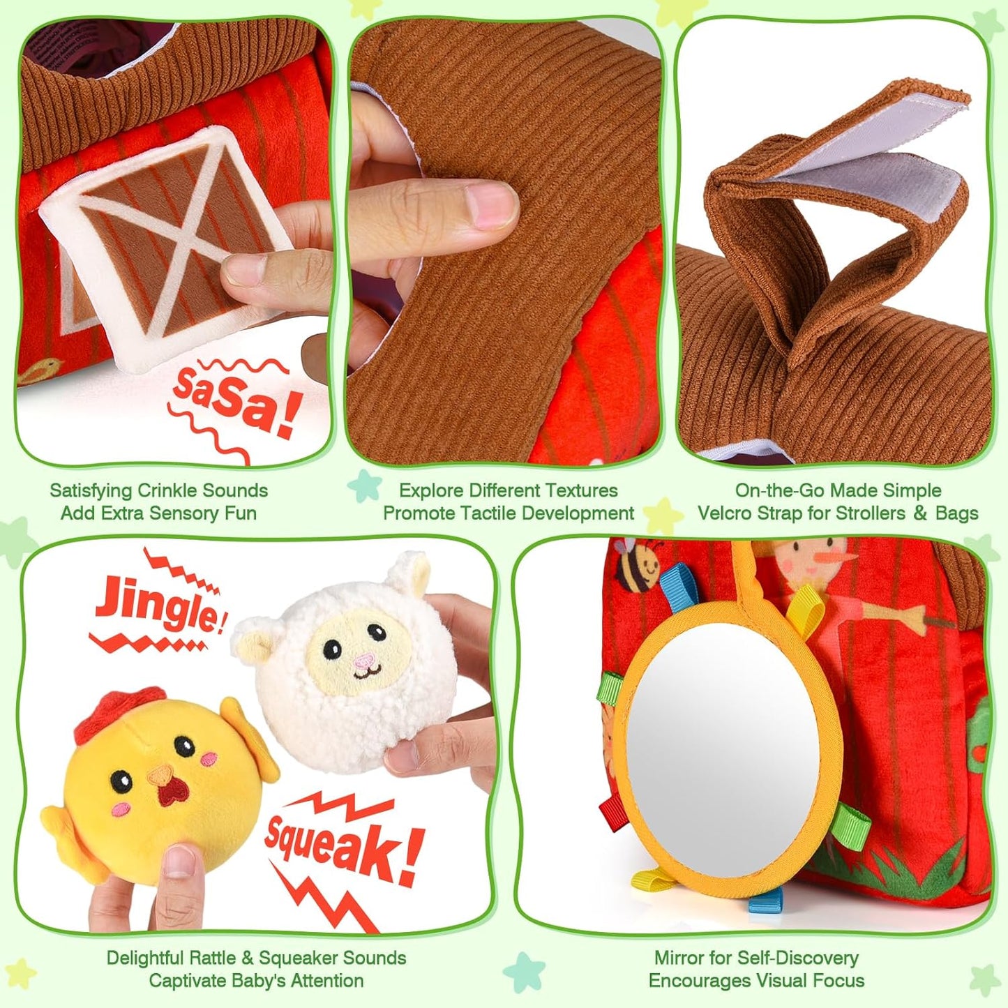 Baby Toys 6-12 Months: Plush Surprise Barn with Stuffed Farm Animals, Rattle, Crinkle Paper, Mirror, Busy Montessori Toys for Babies, Infant, Newborn, Sensory Toys for Toddlers 1-3