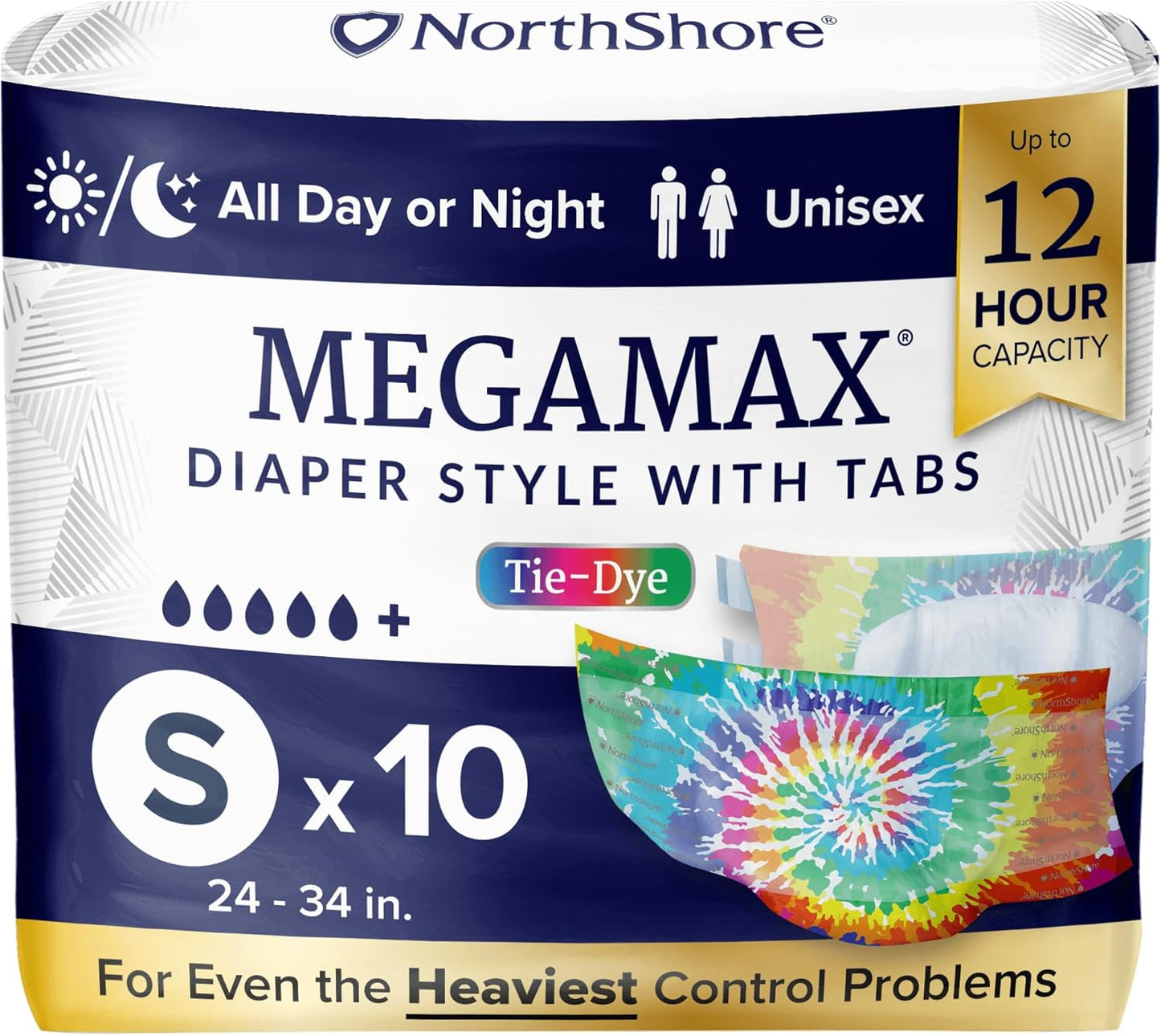 NorthShore MegaMax Adult Overnight Diapers, 12-Hour Tab-Style, Small, 10 Count Bag, Tie-Dye, 24-34 inches, Unisex Incontinence Underwear