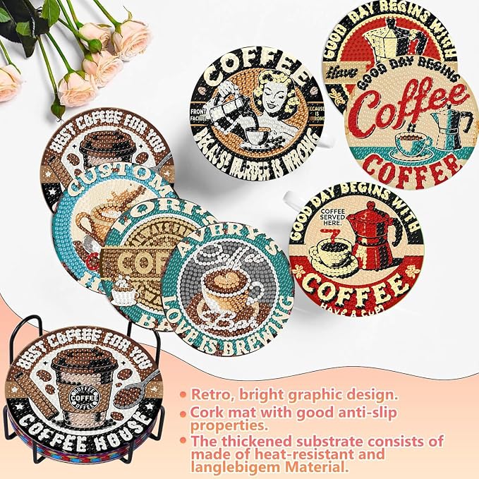 Benjenes 8 PCS Coffee Diamond Art Coasters Kits | Diamond Paintings Coasters