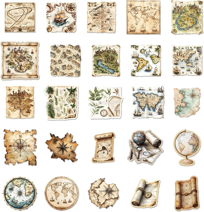 PRSTINCOL 100Pcs Vintage Sticker Pack, Cute Map Design Scrapbook Supplies