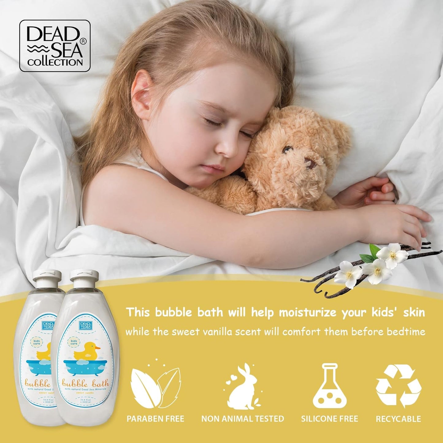 Dead Sea Collection Bubble Bath Kids with Vanilla - Cleansing and Moisturizing Liquid Bath Bubbles - Sweet Almond Oil and Pure Dead Sea Minerals - Pack of 2 Large Bottles (67.6 fl.oz)