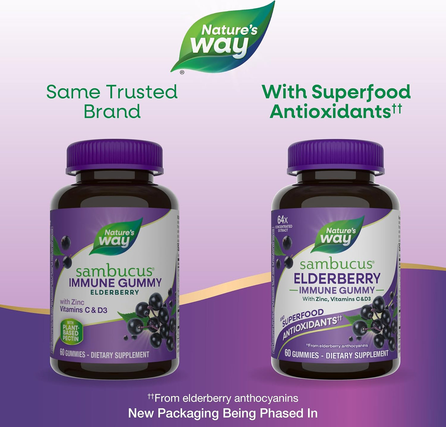 Nature’s Way Sambucus Elderberry Immune Support Gummies for Kids & Adults* with Black Elderberry Extract, Vitamin C, Vitamin D3, and Zinc, 60 Gummies (Packaging May Vary)