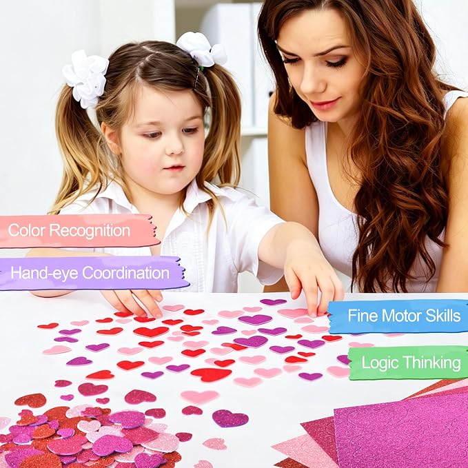 BEISHIDA 392 Pcs Glitter Foam Heart Stickers，Red Pink Purple Heart Shapes