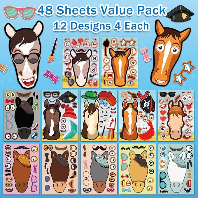 Aowplc 48 Pcs Make A Horse Sticker Sheets Mix and Match