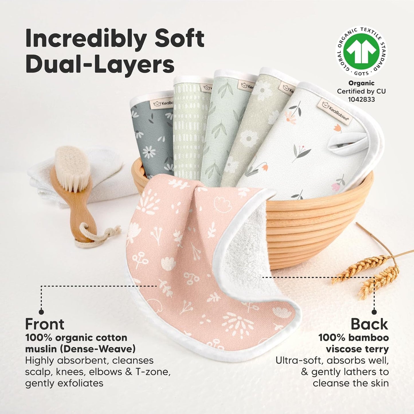 6-Pack Cotton Baby Washcloths for Newborn - Organic Cotton Muslin Soft Wash Cloths for Babies, Infant, Kids, Toddler Towels for Boy, Girl, Super Absorbent Face Cloths, Scratch-Free Baby Rags (Fleur)