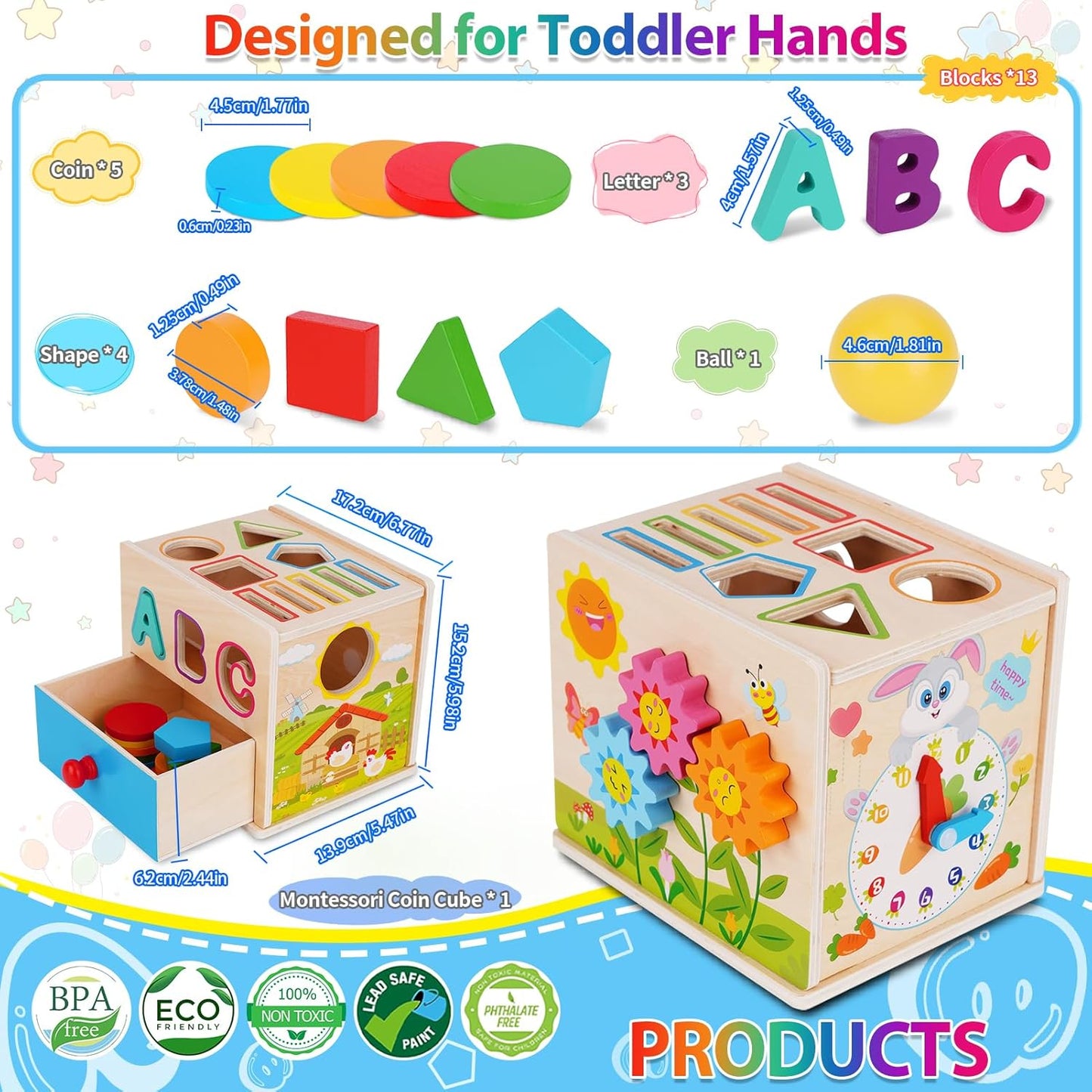 FCSONU Toddlers Montessori Toys for 1 2 3 Year Old Boys Girls, Wooden Baby Montessori Coin Box Toys for Toddlers 1-3, Shape Sorting Sensory Toys for Ages 2-3, Christmas & 1st Birthday Gifts for Kids