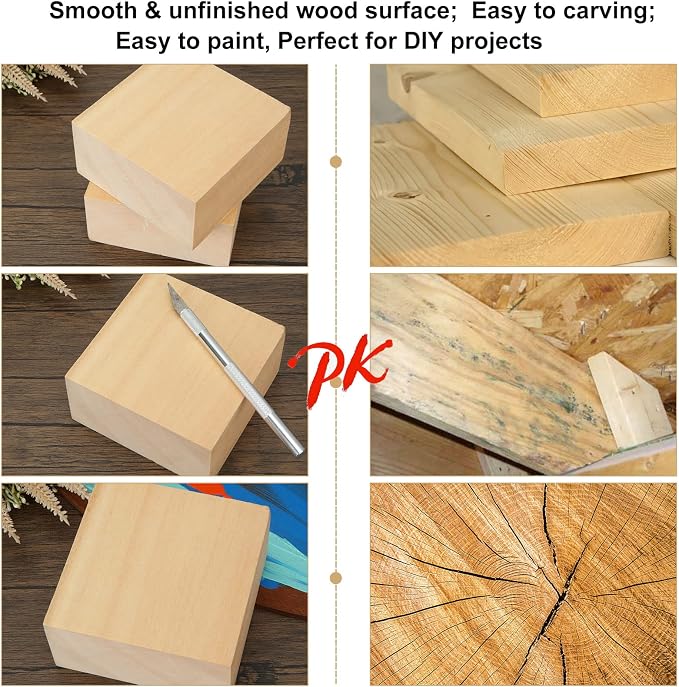 6PCS 4x4x2 inch Basswood Carving Blocks, Unfinished Wood Blocks