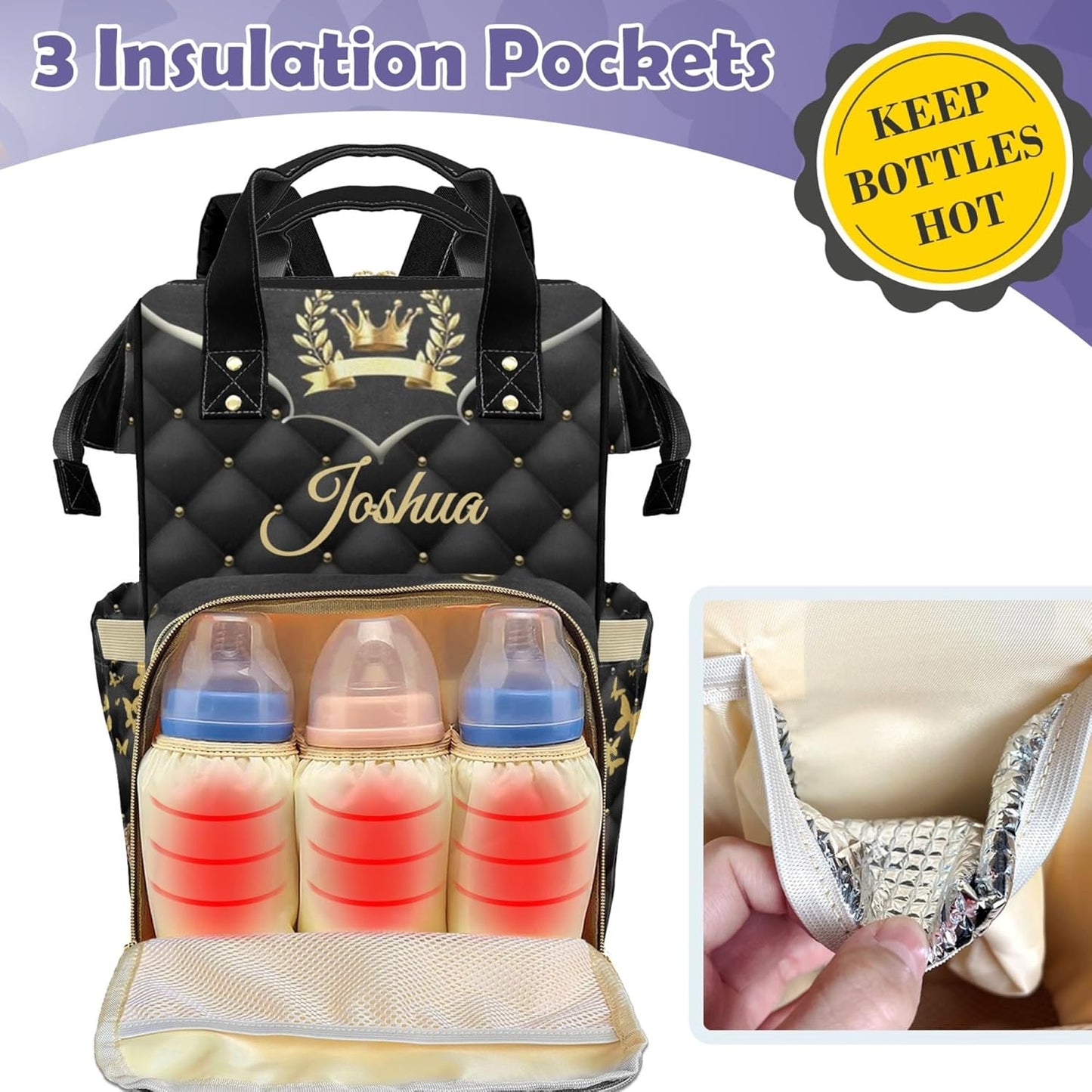 Large Capacity Personalized Diaper Bag Custom Baby Bag for Boys with Name Multi-function Shoulders for Newborn Baby Boy, Crown Customized Nappy Backpack with Thermal Pockets, Black