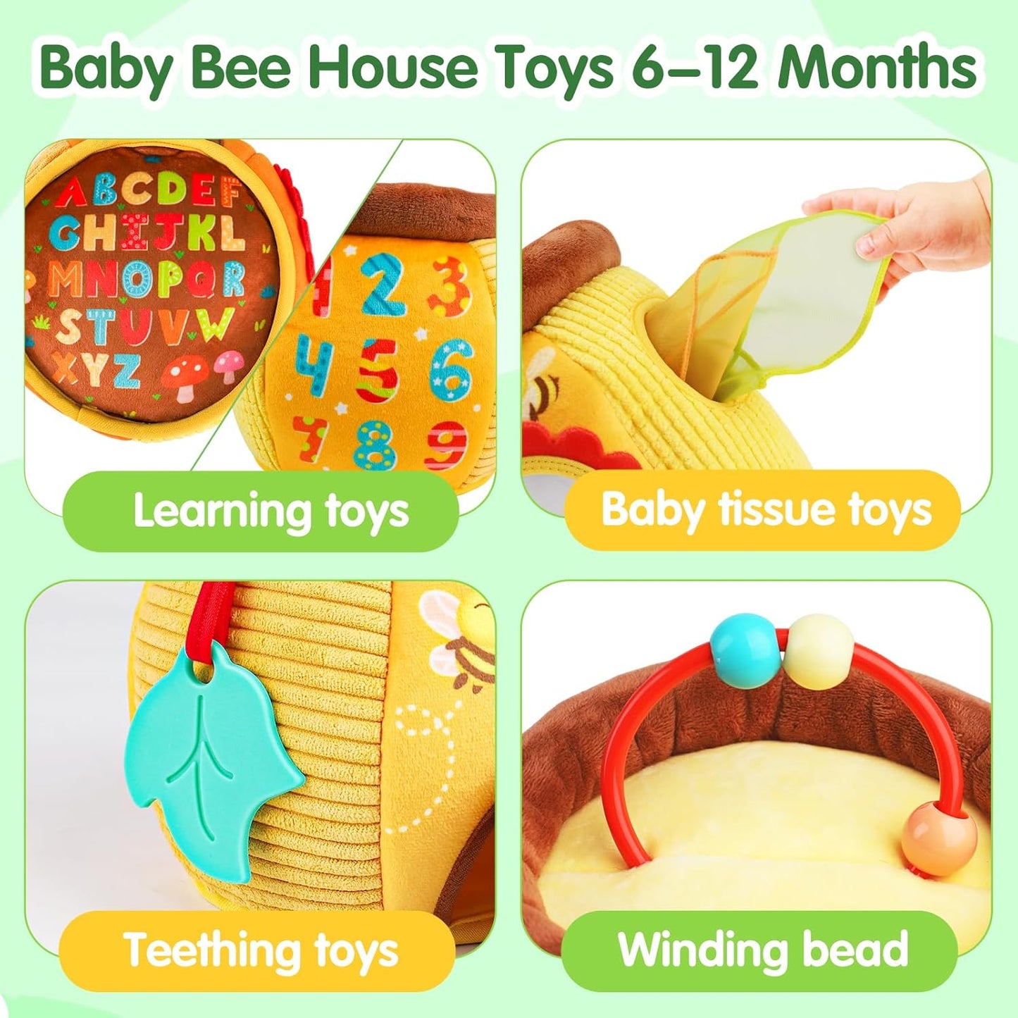 Baby Toys 6-12 Months - Soft Beehive with 5 Stuffed Animals, Rattle, Crinkle, Mirror, Montessori Sensory Toys for Babies 6 7 8 9 10 Months Old Baby Boy Girl Shower Gifts Stocking Stuffers Ages 0-2