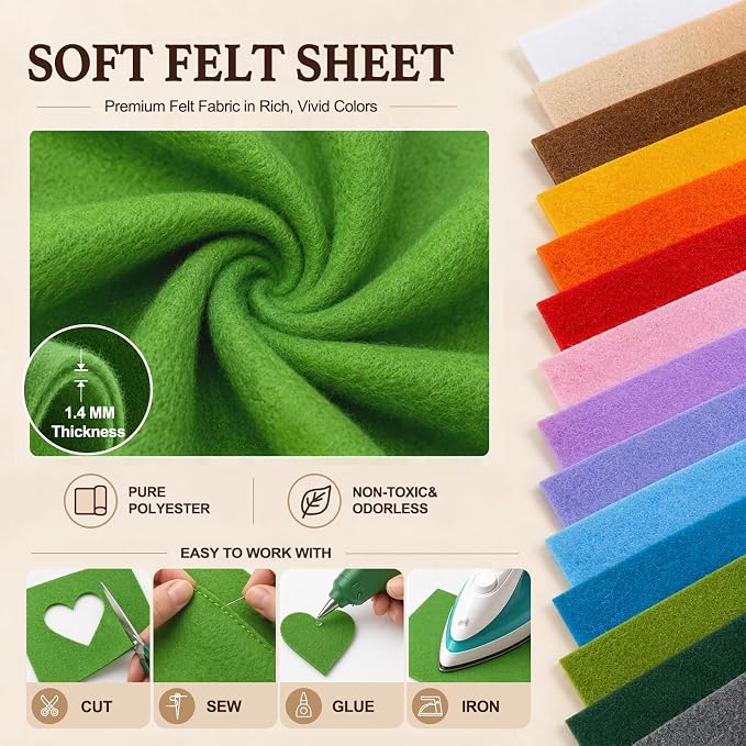 Grass Green Large Felt Fabric 36" x 36", 1.4 mm Soft Felt Sheet, Nonwoven Fabric