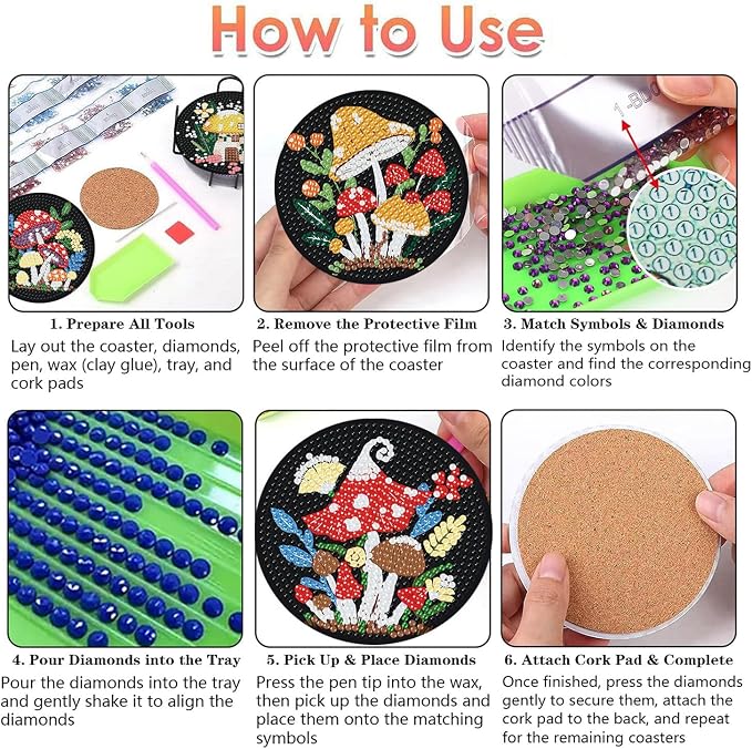 8 PCS Mushrooms Diamond Art Coasters Kits Cute Diamond Painting Coaster |