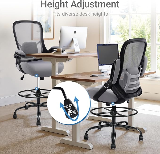 HYLONE 400lbs Heavy Duty Drafting Chair 5" Thickened Seat Office Chair with Flip-Up Armrests Tall Ergonomic Computer Chair with Lumbar Support and Adjustable Footrest Ring Standing Desk Chair(Grey)