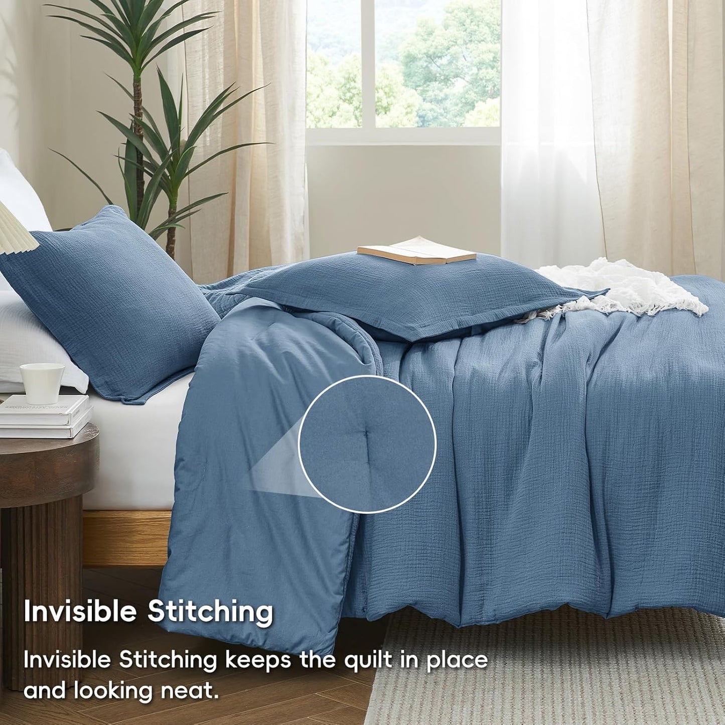 PHF 100% Cotton Muslin Comforter Set King Size – Ultra Soft, Breathable & Lightweight Bedding Set for All Seasons, 3 Pieces (1 Comfy Comforter 104"x90", 2 Pillow Shams 20"x36"), Captain's Blue