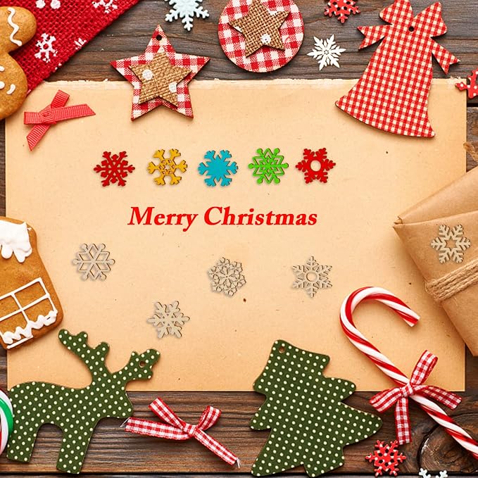 200 Pcs Unfinished Wooden Snowflake Ornament DIY Wood Snowflakes Cutouts Blank
