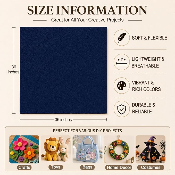 Navy Blue Large Felt Fabric 36" x 36", 1.4 mm Soft Felt Sheet, Nonwoven Fabric