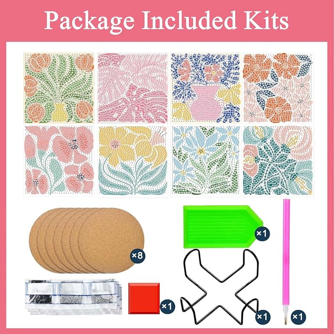 Gemozaic 8PCS Flowers Diamond Art Coasters Kits, Simple Floral Diamond Painting