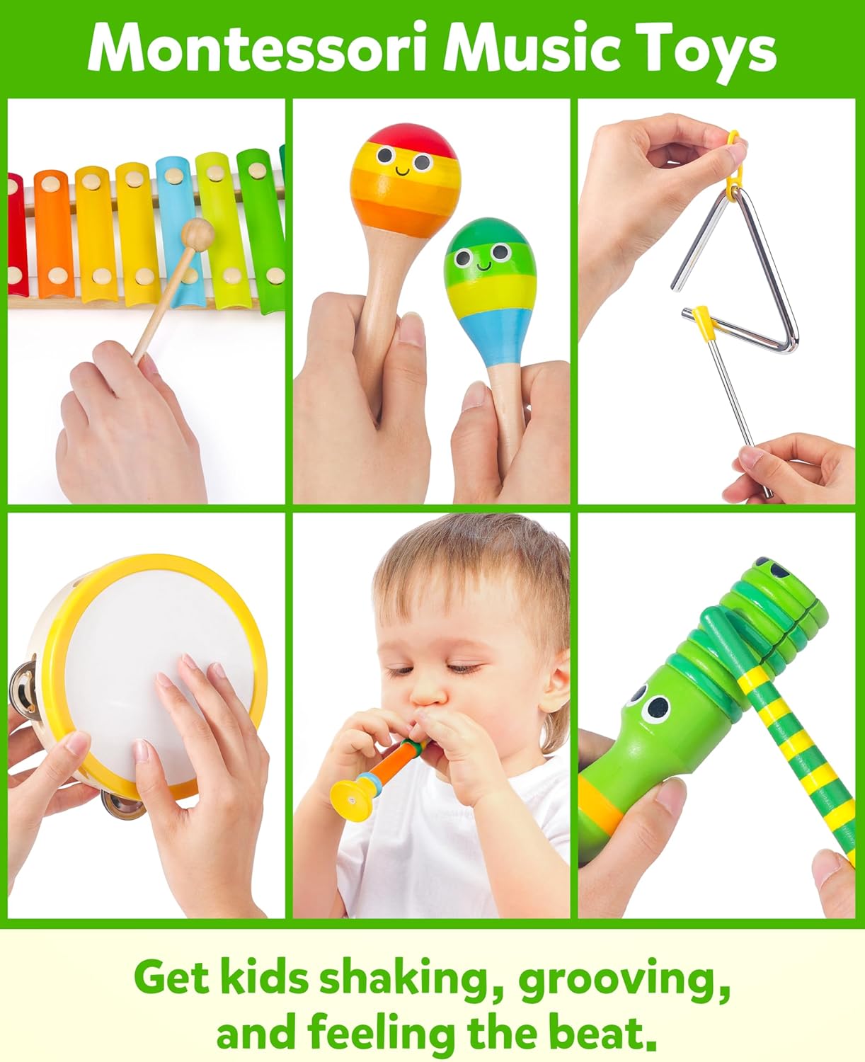 Coogam Wooden Musical Instruments for Toddlers, Tambourine Xylophone Castanet Flute Maracas Playset, Wood Percussion Rhythm Music Toy, Montessori Educational Learning Gift