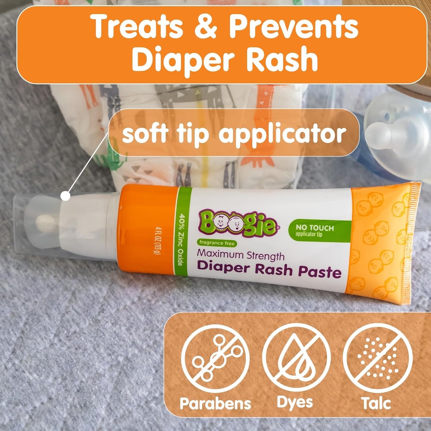 Boogie Diaper Rash Paste, Maximum Strength 40% Zinc Oxide, Mess-Free Applicator, Soothes Baby Bum, Diaper Bag Essential, 4oz (Pack of 3)