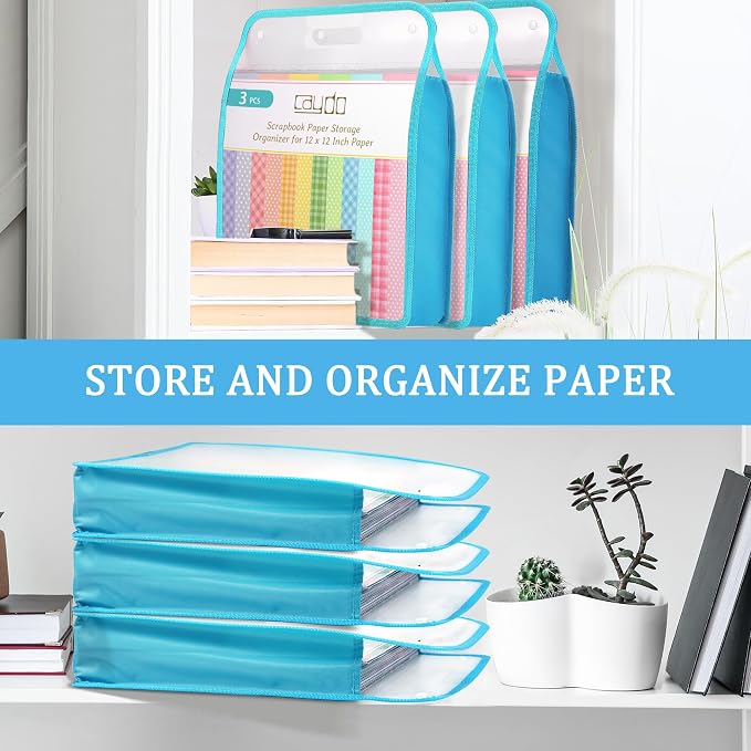 Caydo Scrapbook Paper Storage, 3 Pack Blue Expanding Paper Folio | Clear