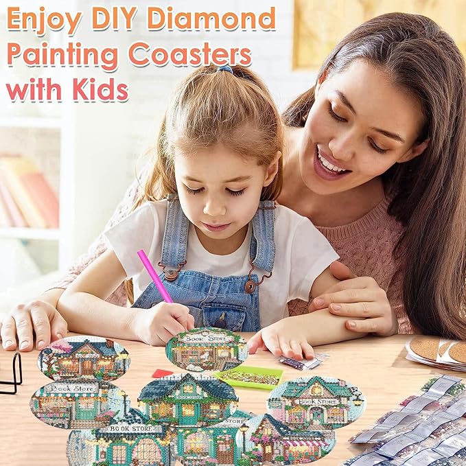 ijbnhd Diamond Art Coasters Kits, Book Store, 4x4 inch | Cork Wooden Pad