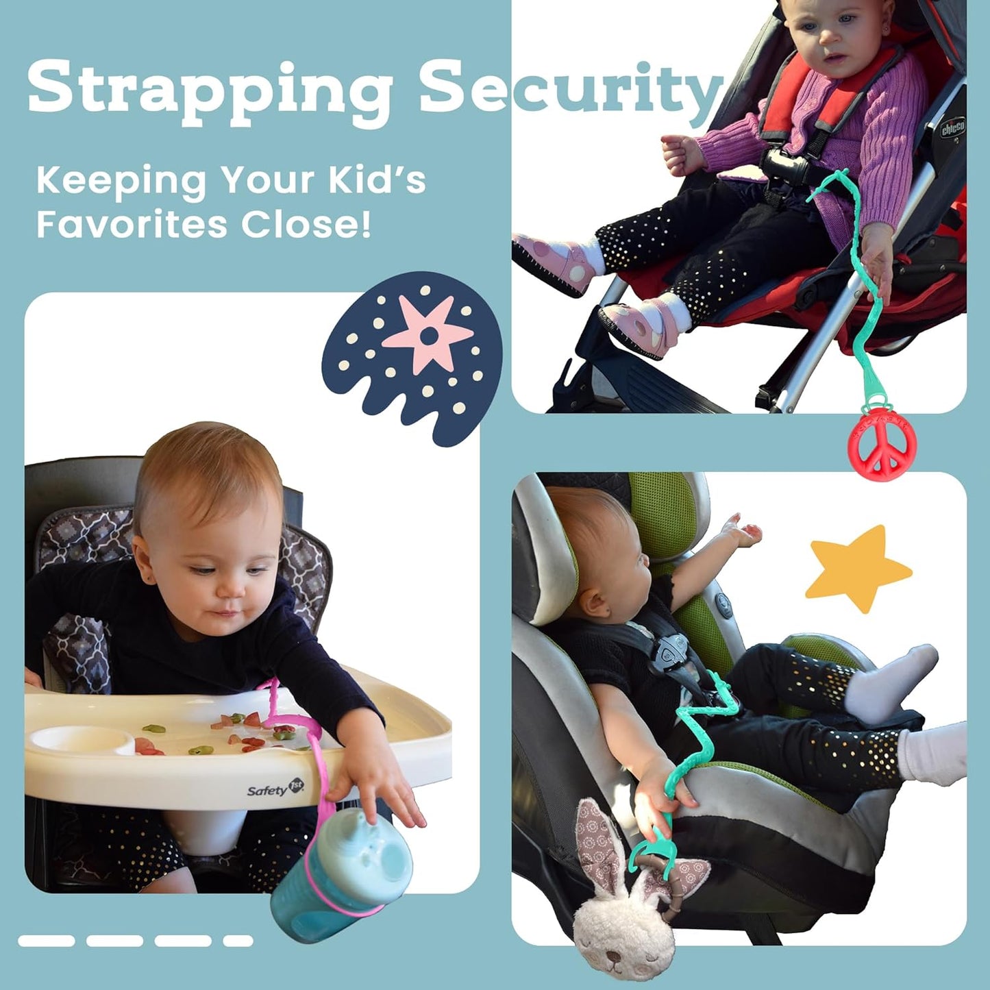Brilli Baby Cup Catcher Patented Safety Tether Strap, Attach Sippy Cups, Bottles, Pacifiers & More to Stroller, High Chair, Car Seat, Made in USA, Food Grade, Dishwasher Safe (Lavender & Aqua)