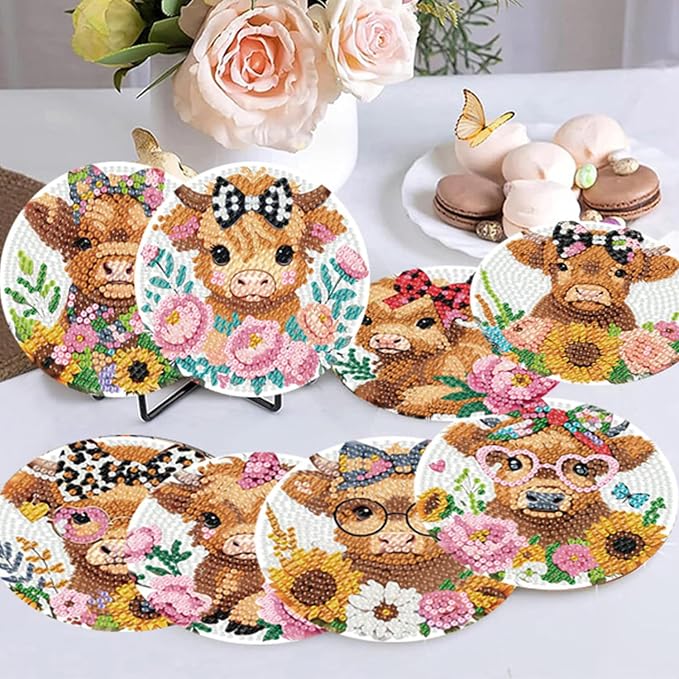 8 Pack Diamond Art Coasters, Highland Cow Diamond Painting Coasters Kits | Cow