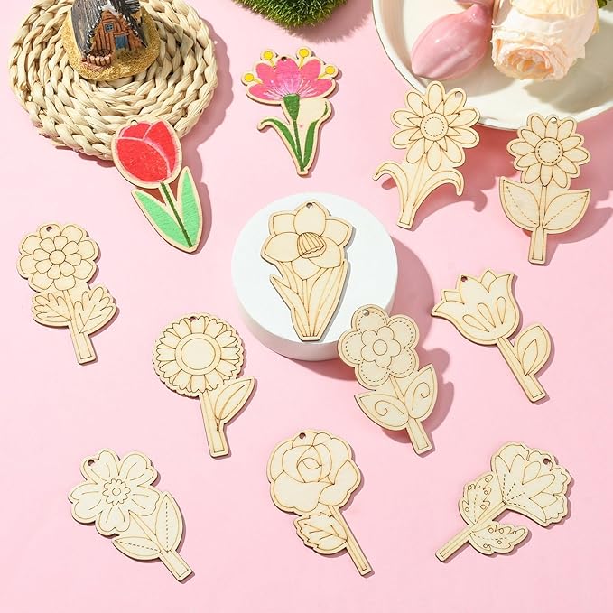 48 Pcs Unfinished Wood Flower Cutouts