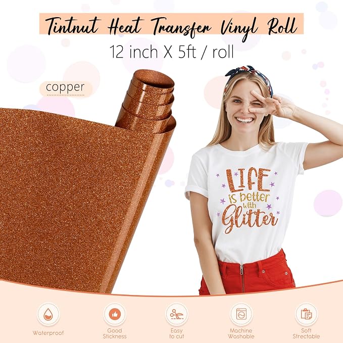 Tintnut Copper Gold Glitter Heat Transfer Vinyl Roll, easy cut & weed, stretch