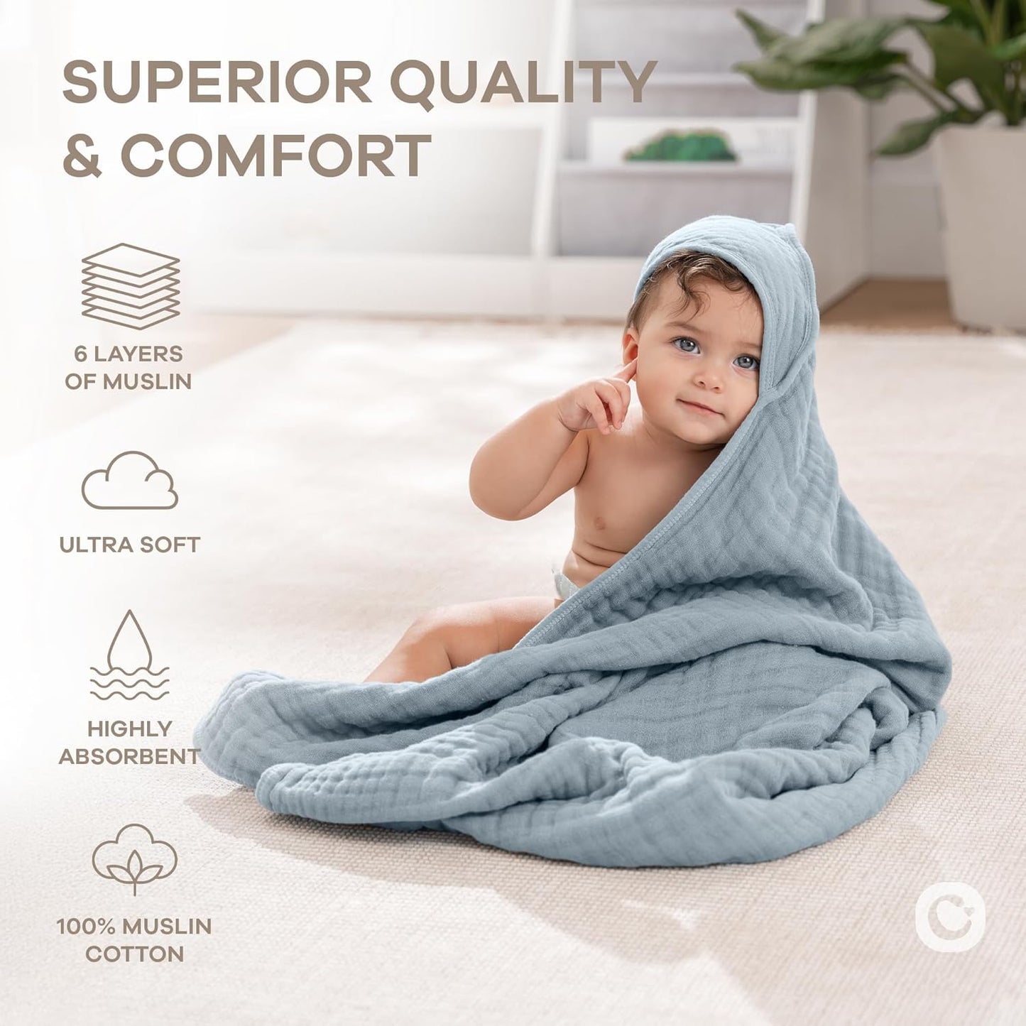 Comfy Cubs Hooded Baby Towel 1-Pack, Large 32 x 32 Inch - 6 Layer 100% Muslin Cotton for Babies, Toddlers and Kids - Soft & Absorbent Baby Bath Towels - Unisex Design for Bath Time - Pacific Blue