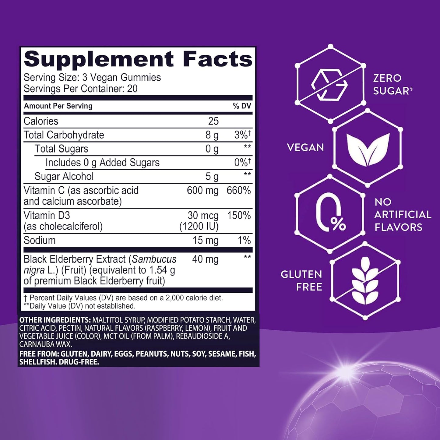 Sambucol Black Elderberry Zero Sugar Triple Immunity Gummies - Black Elderberry Vitamin C Immune Support Supplement, Gummy with Vitamin D for Adults and Kids - 60 Gummies (Pack of 1)