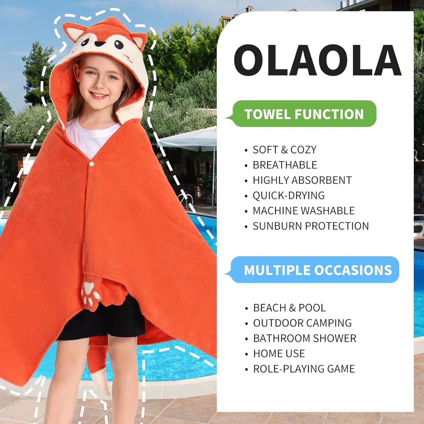 OLAOLA Fox Hooded Towel for Kids 3-12 Years, 28" x 53" Soft Thick Absorbent Beach Towels, Toddler Bath Towel Wrap Swim Pool Towels Poncho for Boys Girls
