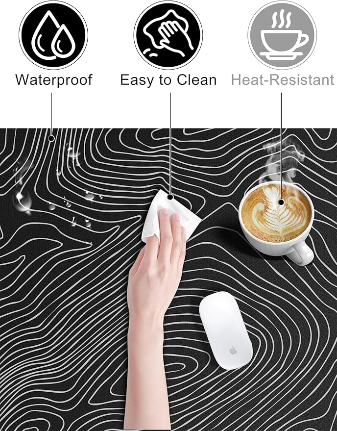 TopMade Mouse Pad with 15W Fast Wireless Charging, 31.5"x15.75" XXL Large Gaming Waterproof Desk Pad with Ultra-Smooth Surface, Non-Slip Base, Computer Desk Mat, Black Topographic Map #1