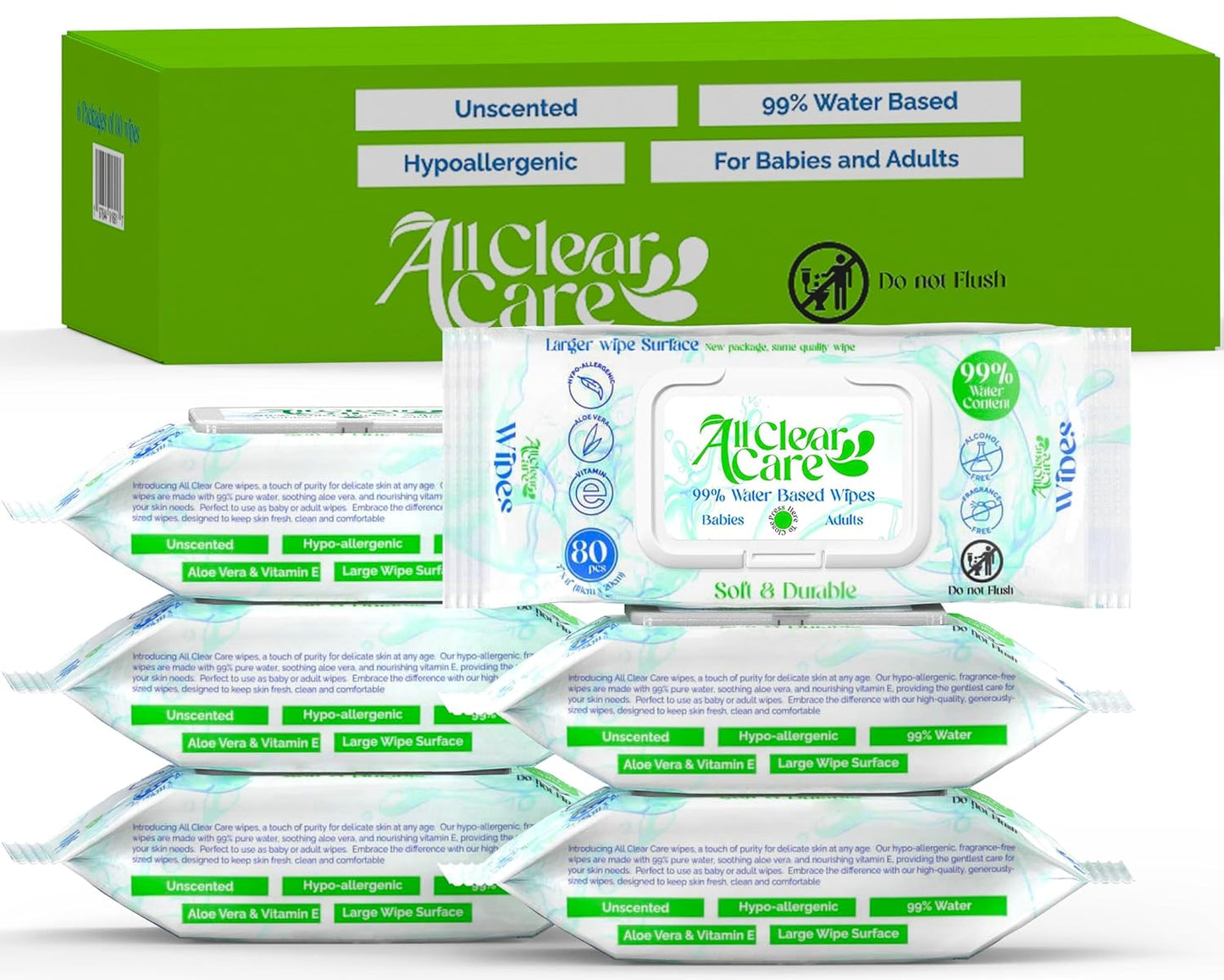 Baby Wipes, Unscented Wet Wipes for Sensitive Skin, Large Soft Durable & 99% Water, Gentle & Hypoallergenic for Babies & Adults, Vitamin E and Aloe, Flip Top Lid, 3 Pack (240 Wipes)