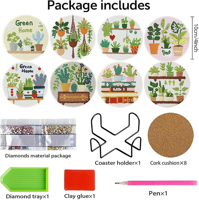 8 PCS Plant Diamond Art Coasters Kits | Diamond Paintings Coasters