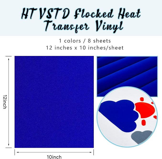 HTVSTD Blue Flock HTV Heat Transfer Vinyl 8 Sheets 12×10in Iron on Vinyl |