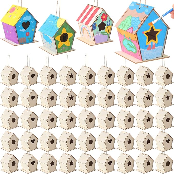 DoubleFill 36 Pcs 4. 33" DIY Wooden Birdhouses Craft
