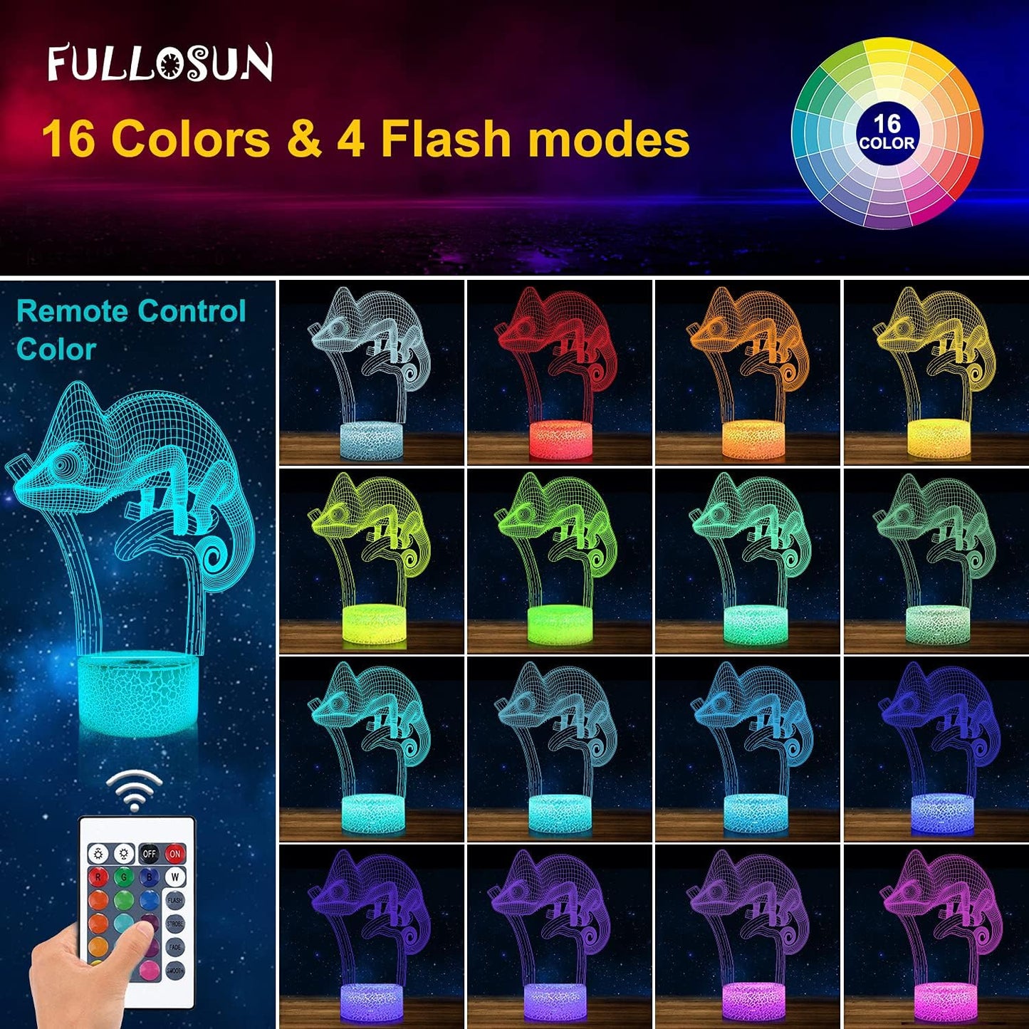 FULLOSUN Chameleon 3D Night Light Lizard Projection LED Lamp Baby Nursery Nightlight for Kids' Room Home Decor Xmas Birthday Gifts with Remote Control 16 Color Changing