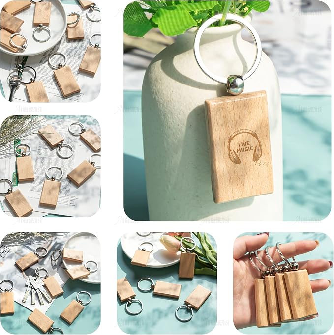 AUEAR, Blank Wooden Key Chain Wood Keychain Key Ring Key Tags Personalized EDC