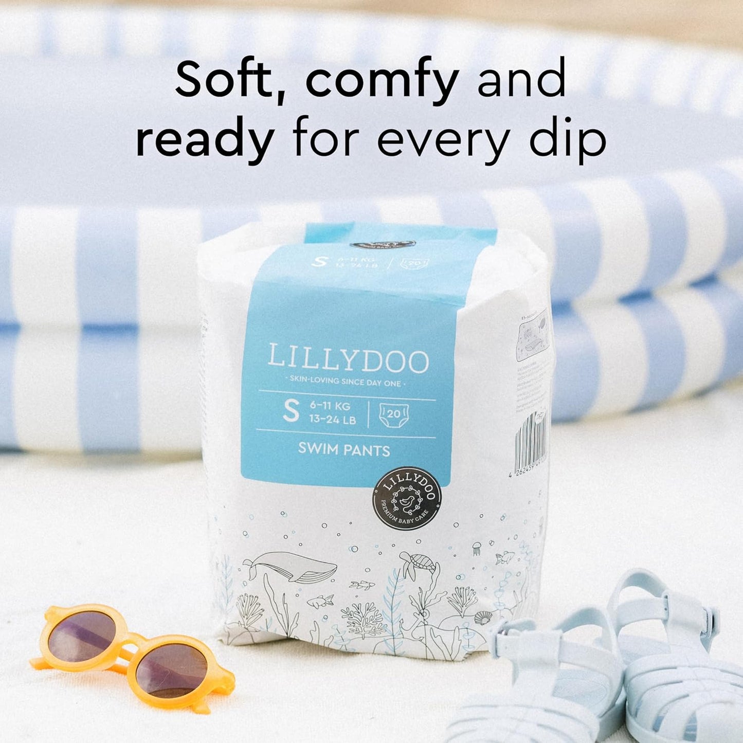 LILLYDOO Baby Swim Diapers - Size Small (13-24 lbs), Half-Monthly Supply (40 Count), Blue Whales Design, Skin-Friendly, Perfume- & Chlorine-Free, Hypoallergenic, Dermatologist Tested, Oeko-TEX®