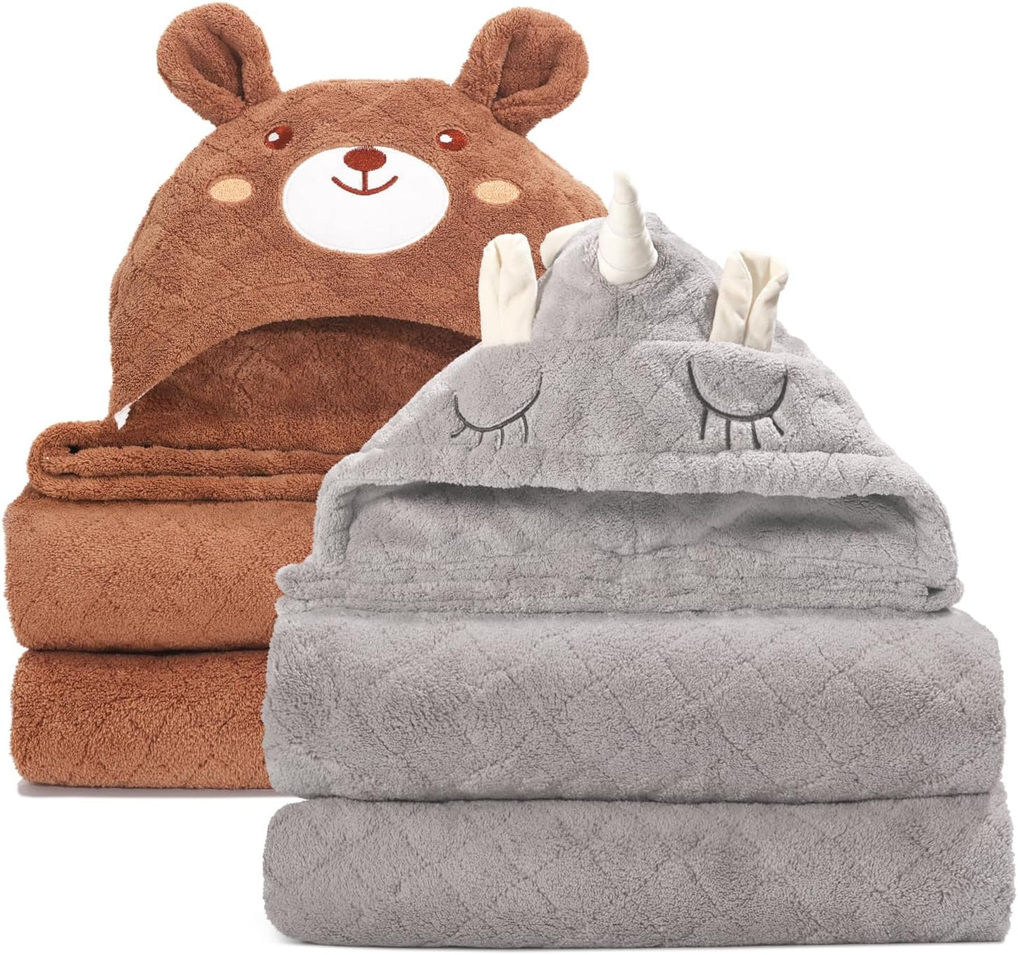 Toddler Towels for Boy 1-5,2 Pack 50" x 32" Baby Hooded Towel Boys, Ultra Thick and Soft Absorbent for Kids Cozy and Warm,Bath Essential for Newborn, Infant, Brown Bear& Gray Unicorn