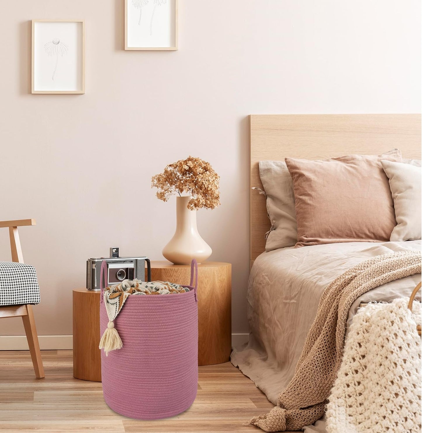 Cotton Rope Laundry Basket Hamper for Clothes Woven Storage Basket for Living Room Bedroom Boho Tall Rope Baskets for Blanket Toys Pillow Towels Baby Nursery Hamper Bin grape purple