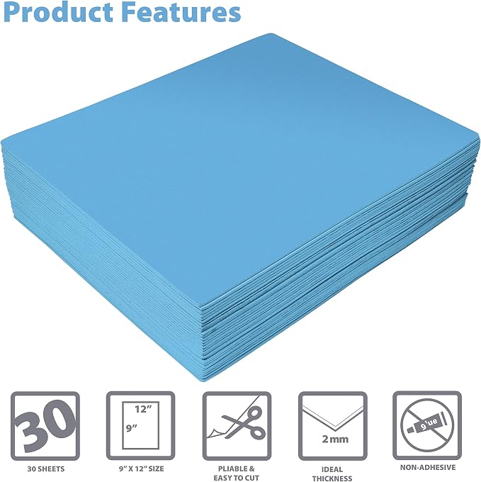 Better Office Products Light Blue EVA Foam Sheets, 30 Pack, 2mm Thick, 9 x 12