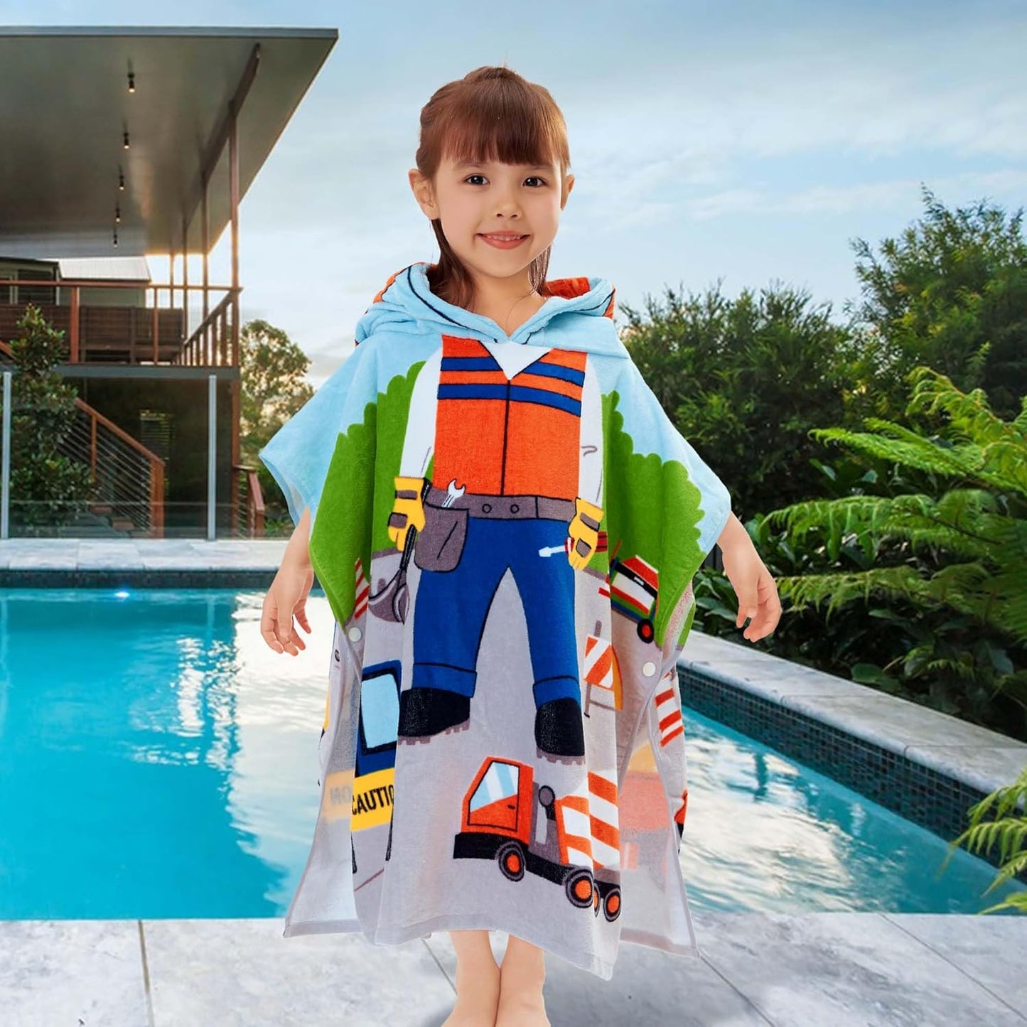 VOOVA & MOVAS Kids Beach Towels with Hood, (2-6Years,24"X48") Soft Cotton | Poncho for Toddlers, Ideal for Child Swim Camping Surf Shower | Birthday Gifts, Truck Work Zone Theme