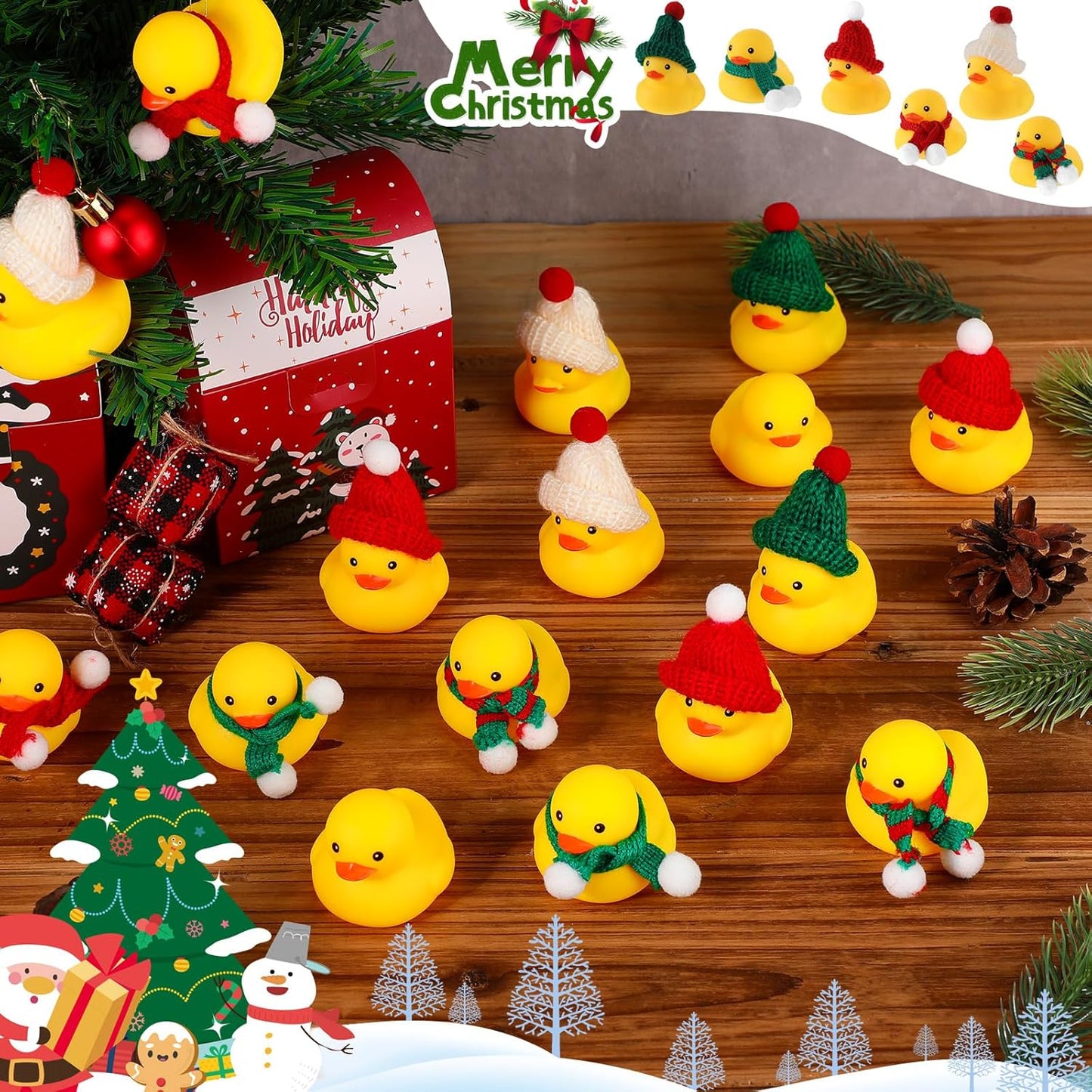 Jerify 120 Pieces Christmas Rubber Ducks with Classic Knitting Hats and Stripe Scarves Mini Cute Yellow Duck for Xmas Swimming Pool Birthday Party Bath Baby Shower