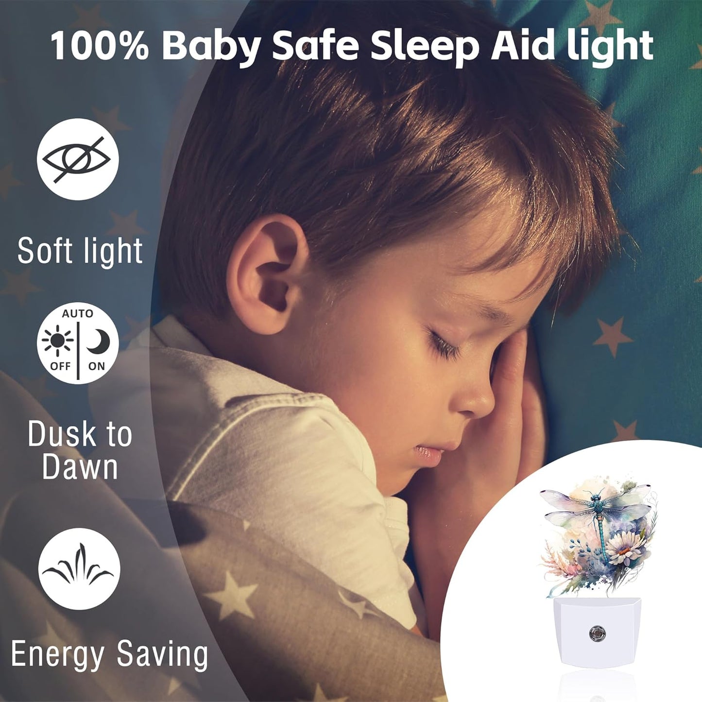 Watercolor Dragonfly Flowers Night Light, Vintage Insect Botanical Floral Leaves Dusk to Dawn Night Light Plug in,0.5w Energy Saving Sleep Friendly NightLight for Kids Boys Girls Home Decor