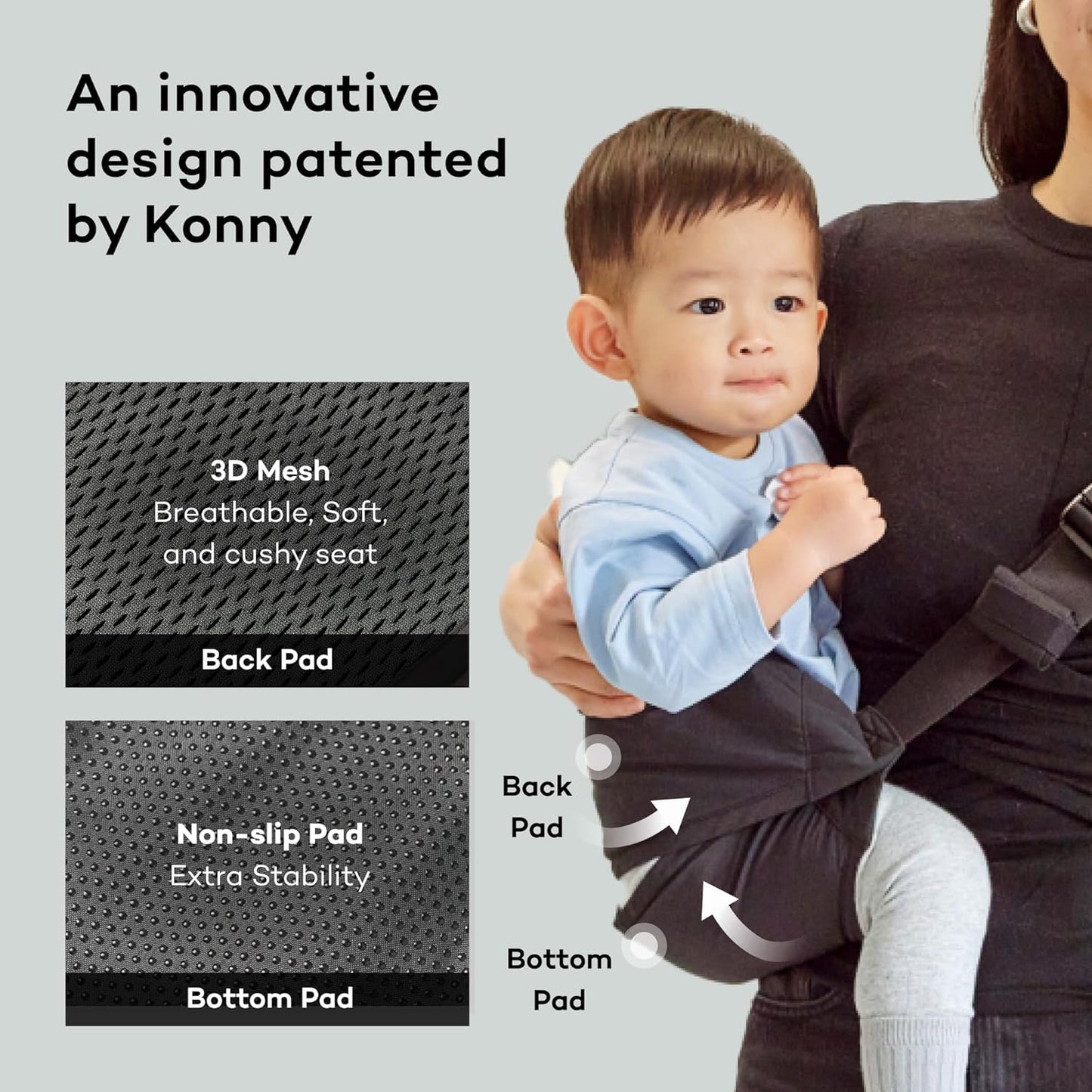 Konny Baby Carrier Hip Seat, Dual Support IHDI Certified with Two Safety Pads, Adjustable Wraps Sling Wearable One Size Fits All, Baby Essentials for 6 to 48 Months up to 44 lbs -Blue Grey