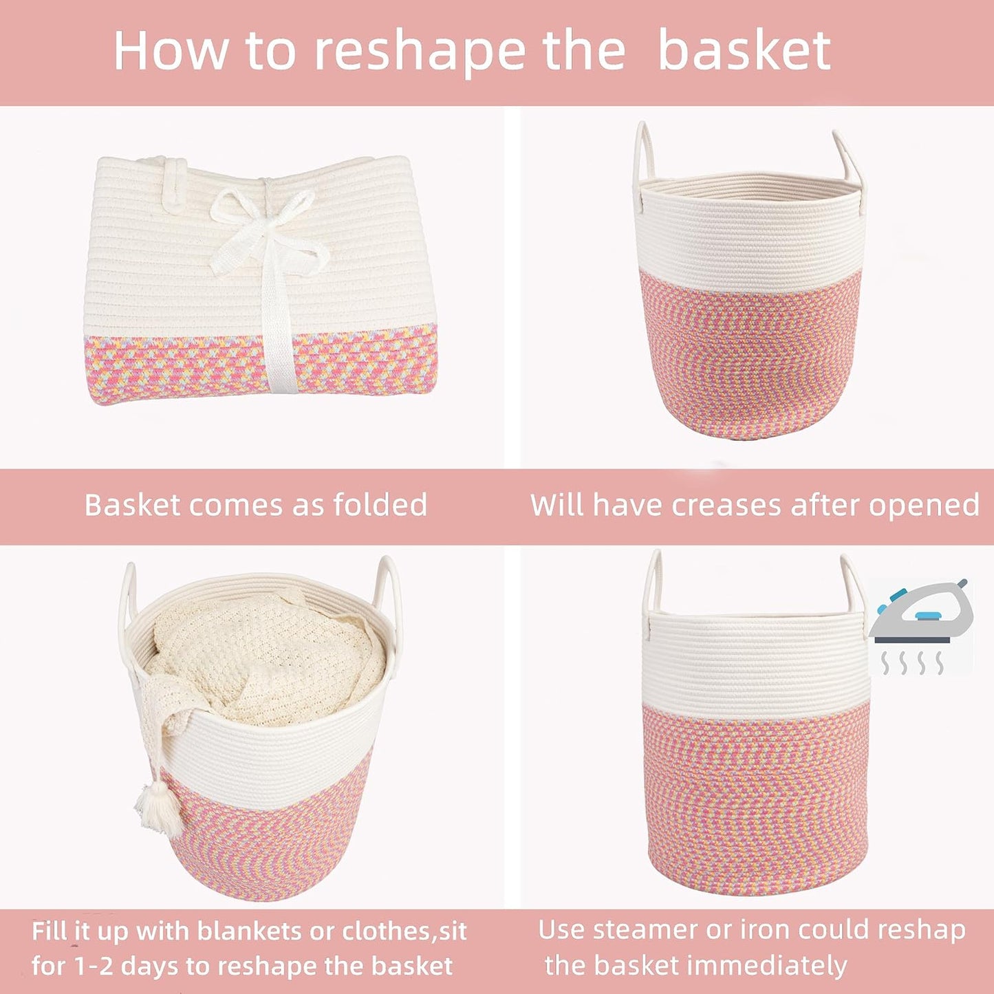 Cotton Rope Laundry Basket Hamper for Clothes Woven Storage Basket for Living Room Bedroom Boho Tall Rope Baskets for Blanket Toys Pillow Towels Baby Nursery Hamper Bin Large (multicolor)